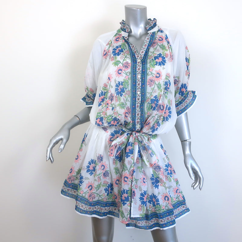 Juliet Dunn Blouson Tie-Waist Mini Dress White Rose Border Print Cotto Celebrity Owned Juliet Dunn Blouson Tie-Waist Mini Dress White Rose Border Print Cotto Celebrity Owned