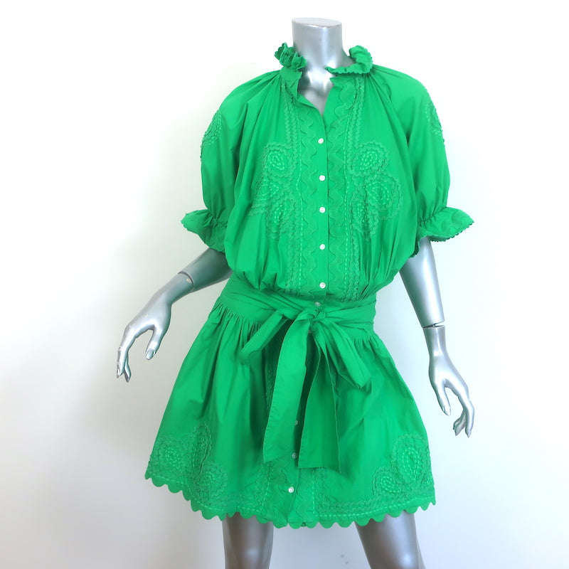 Juliet Dunn Tie-Waist Blouson Mini Dress Green Cotton Poplin Size 1