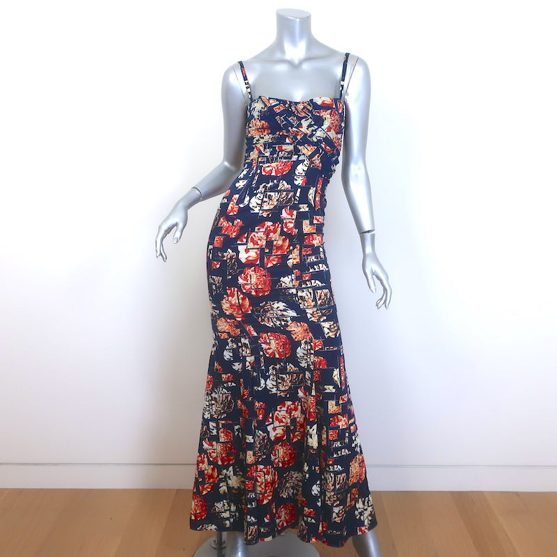 Just Cavalli Spaghetti Strap Gown Navy Metallic Floral Print Satin Size 38