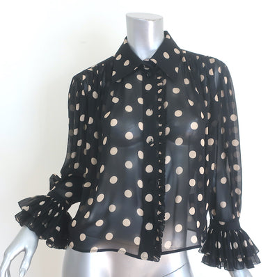 Khaite Vanina Polka Dot Cropped Blouse Black & Beige Ruffled Silk Size Small