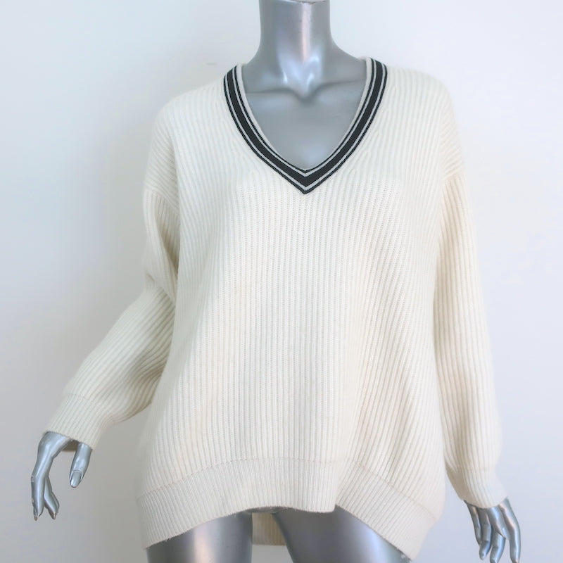 Kujten Cashmere Striped V-Neck Sweater Ivory Ribbed Knit Size 1