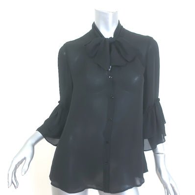 L'Agence Desa Pussy Bow Blouse Black Silk Size Small Ruffle-Sleeve Top