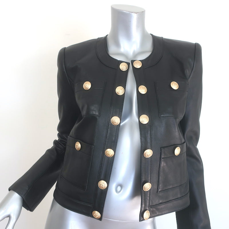L'Agence Jayde Collarless Open-Front Leather Jacket Black Size 2