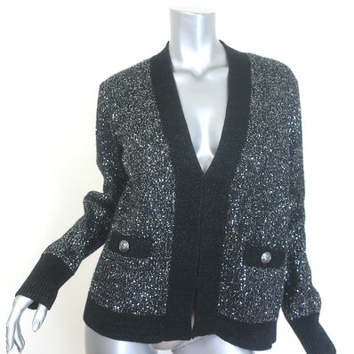 L'Agence Jinny Sequin Cardigan Black/Silver Metallic Knit Size Medium