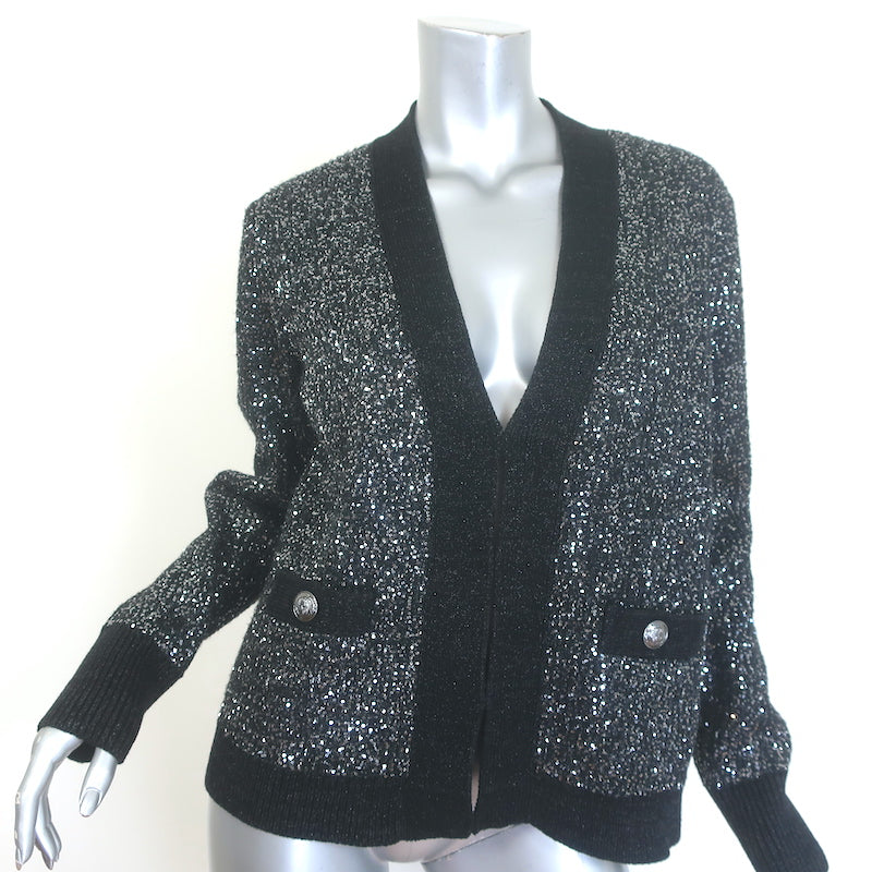 L'Agence Jinny Sequin Cardigan Black/Silver Metallic Knit Size Medium