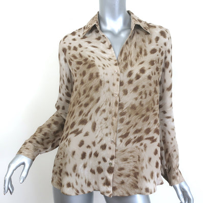 L'Agence Nina Button Down Blouse Beige Leopard Print Chiffon Size Extra Small