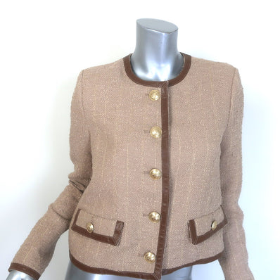 L'Agence Zaya Faux Leather-Trim Collarless Tweed Jacke