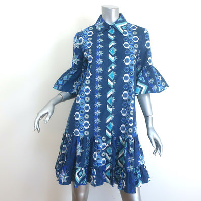 La DoubleJ Choux Ruffled Mini Dress Blue Costiera Print Cotton Size Small