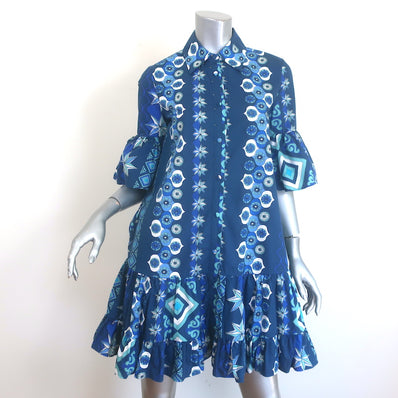 La DoubleJ Choux Ruffled Mini Shirtdress Blue Printed Cotton Size Extra Small