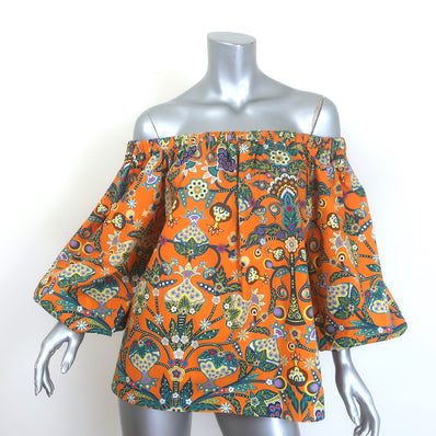 La DoubleJ Paloma off-shoulder top, orange printed poplin, pre-owned authentic, size XS