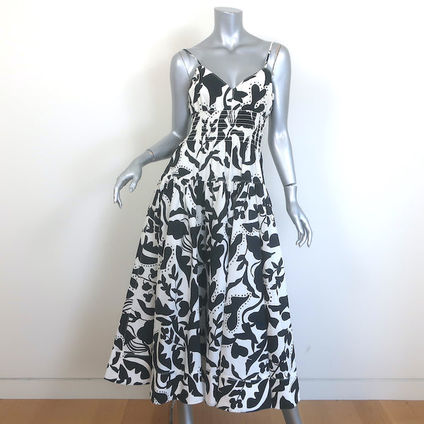 la ligne midi dress La Ligne Bee Smocked Midi Dress White/Black Printed Cotton Poplin Size  Medium