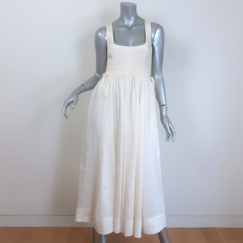 La Ligne Villanelle Tie-Strap Midi Dress Ivory Linen-Blend Size Small