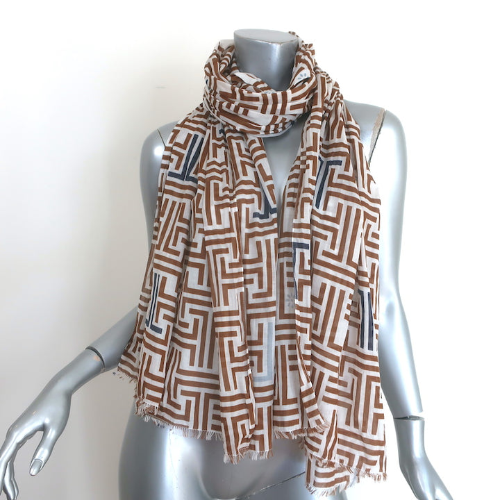 Lanvin Geometric Print Fringed Scarf White &amp; Brown Cotton