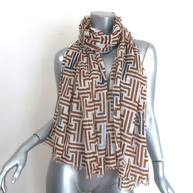 Lanvin Geometric Print Fringed Scarf White & Brown Cotton