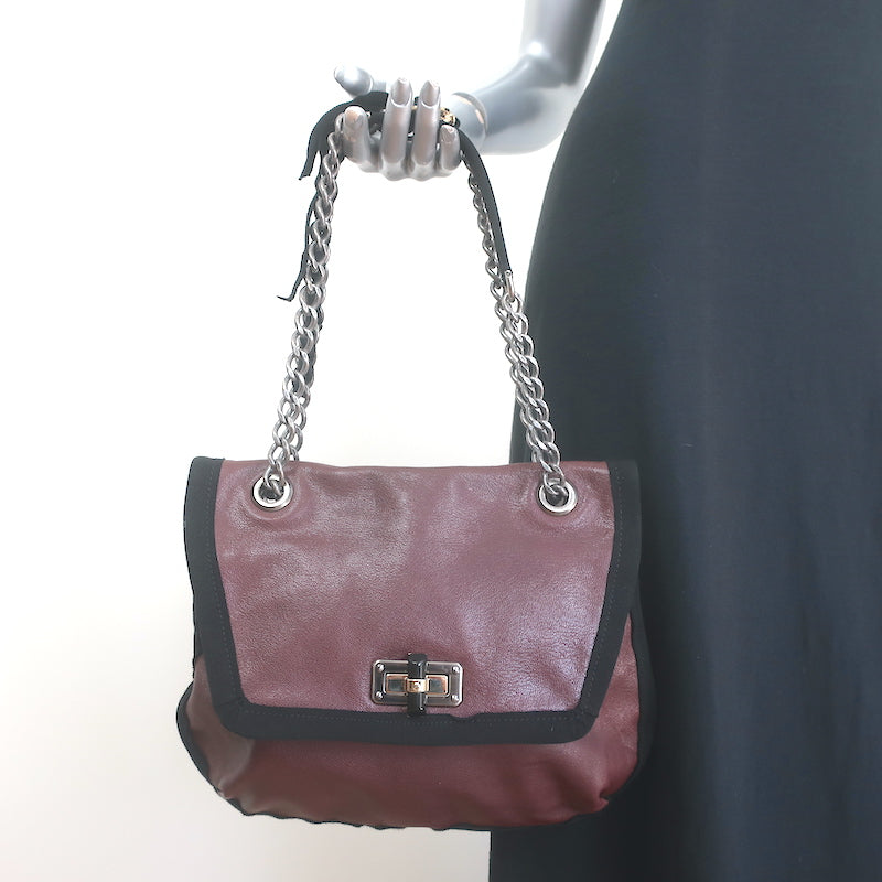 Lanvin Happy Chain Strap Shoulder Bag Burgundy Brown Leather Crossbody