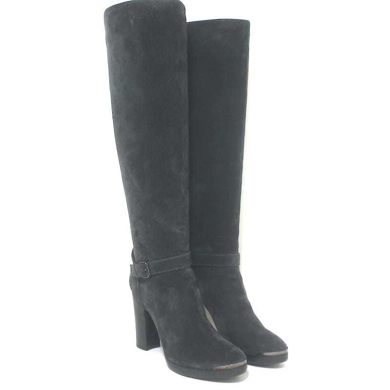 Lanvin knee-high platform harness boots in gray suede, authentic pre-owned luxury pair