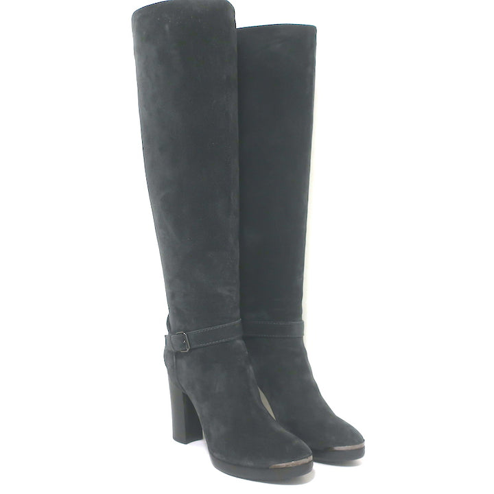 Lanvin knee-high platform harness boots in gray suede, authentic pre-owned luxury pair