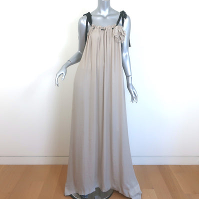 Lanvin Ribbon Strap Rosette Maxi Dress Taupe Matte Satin Size 38