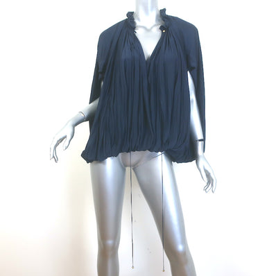 Lanvin Tie-Neck Gathered Blouse Navy Matte Satin Size 38