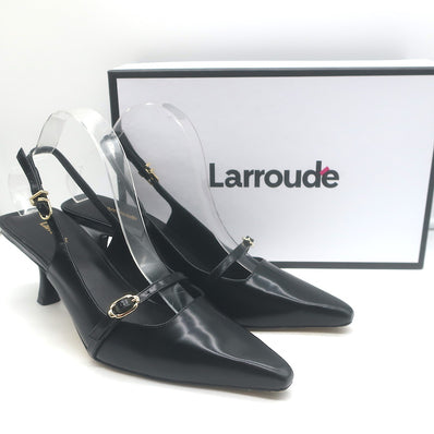 Authentic Larroude Ines buckled slingback pumps, black leather pointed-toe heels, pre-owned gently worn
