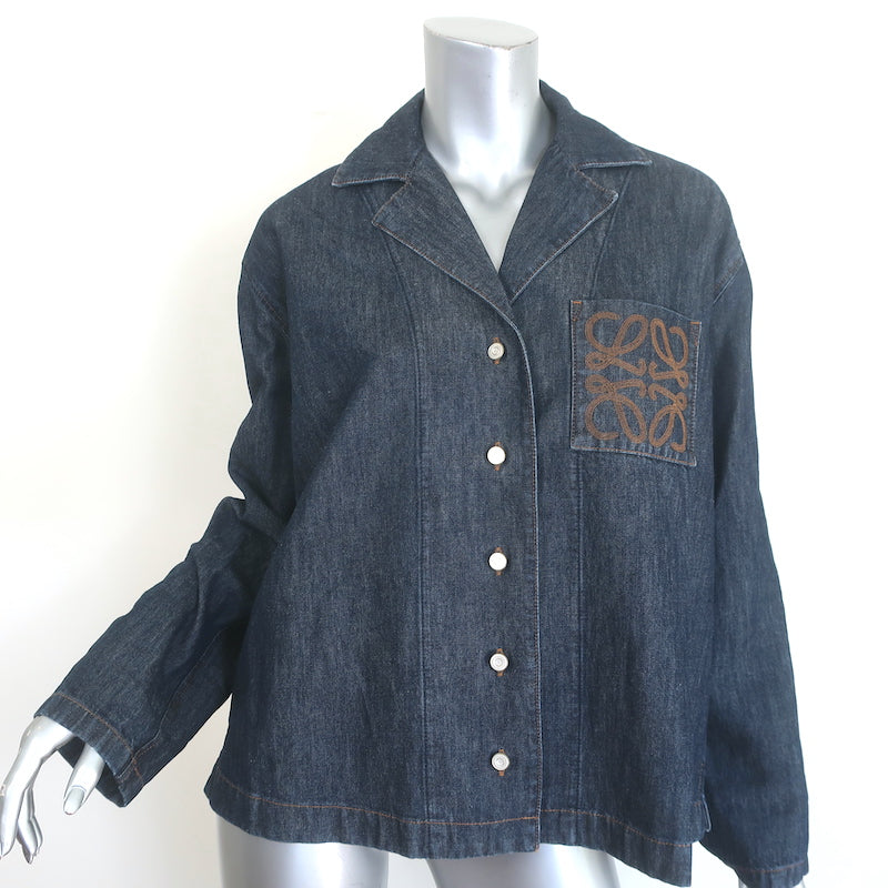 Loewe Anagram Embroidered Denim Shirt Indigo Cotton-Linen Size 38