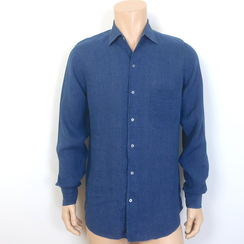 Loro Piana Andre Micro-Check Button Down Shirt Blue Linen Size Small