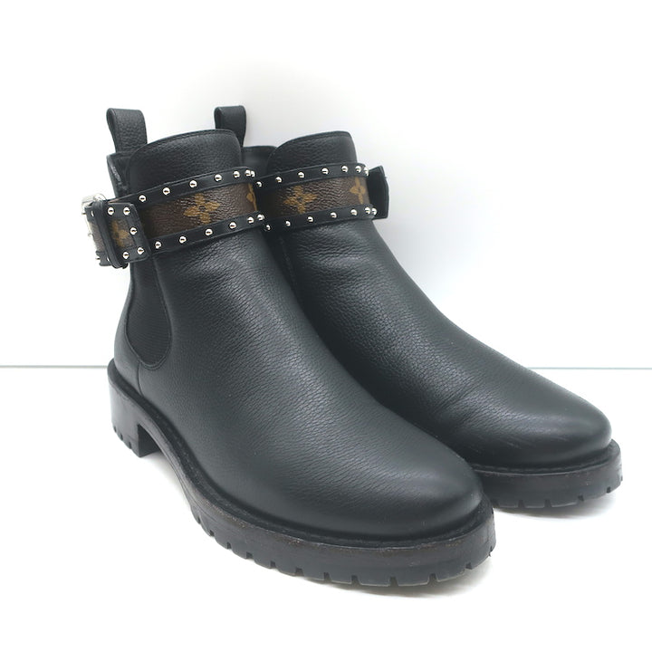 Louis Vuitton Discovery Ankle Boots Black Leather &amp; Monogram Canvas Size 37.5