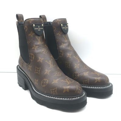 Louis Vuitton LV Beaubourg Ankle Boots Brown Monogram Canvas Size 38