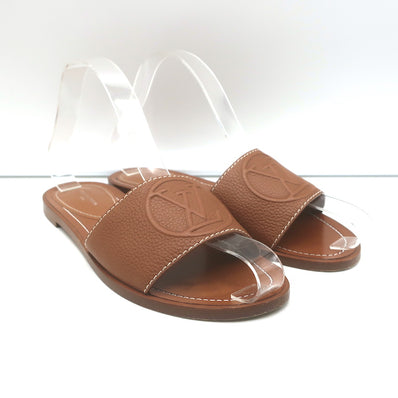 Louis Vuitton Lock It Flat Mules Brown Leather Size 37 Open Toe Sandals