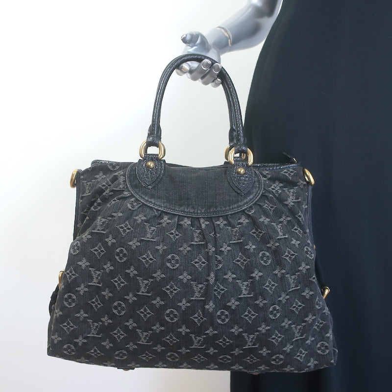 Louis Vuitton Neo Cabby GM Bag Black Leather-Trim Monogram Denim