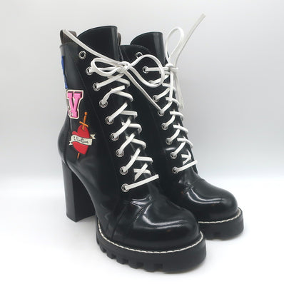Louis Vuitton Star Trail Patch Combat Boots Black Polished Leather Size 39