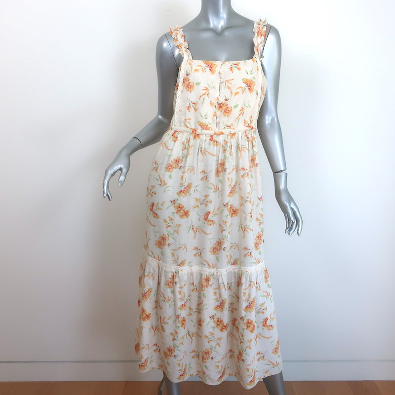 LoveShackFancy Ann Midi Dress Cream Floral Print Cotton-Linen