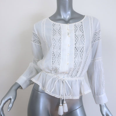 LoveShackFancy Long Sleeve Peplum Top White Lace-Trimmed Cotton Size Small