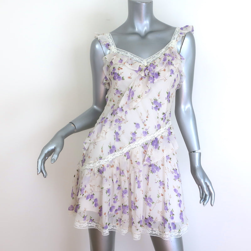LoveShackFancy Serima Ruffled Lace-Trim Mini Dress Cream Floral Print Size Small