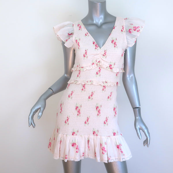 love shack fancy sonora mini dress LoveShackFancy Sonora Smocked Mini Dress Light Pink Floral Print Size Large  NEW