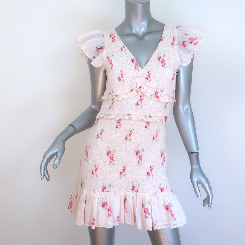 LoveShackFancy Sonora Smocked Mini Dress Light Pink Floral Print Size Large NEW