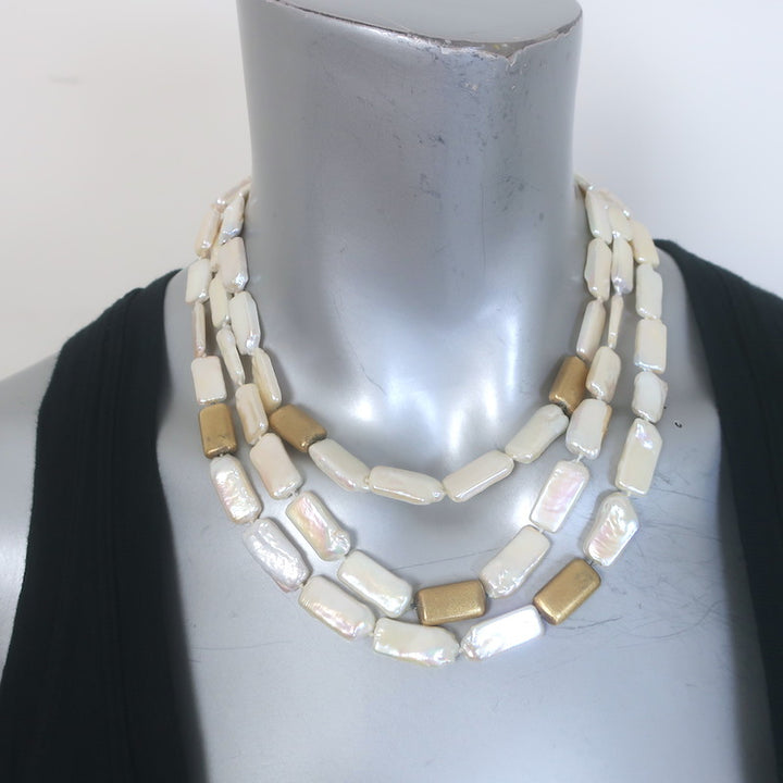 MAZ Freshwater Pearl 14k Gold Triple Strand Necklace