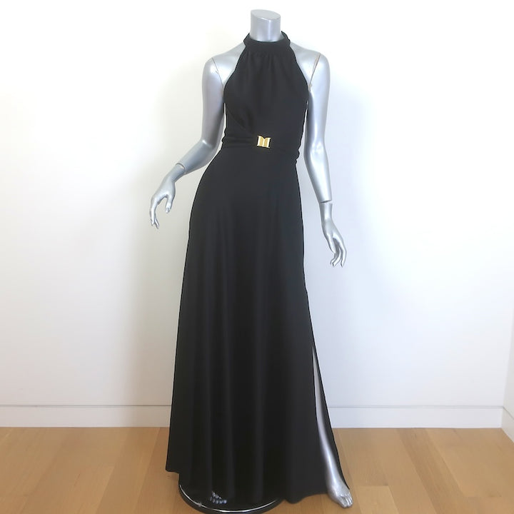 ME+EM Beautifully Draped Belted Halter Gown Black