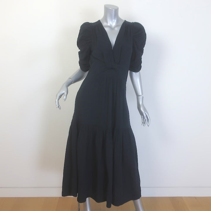 ME+EM Cheesecloth Gathered Sleeve Twist-Front Maxi Dress