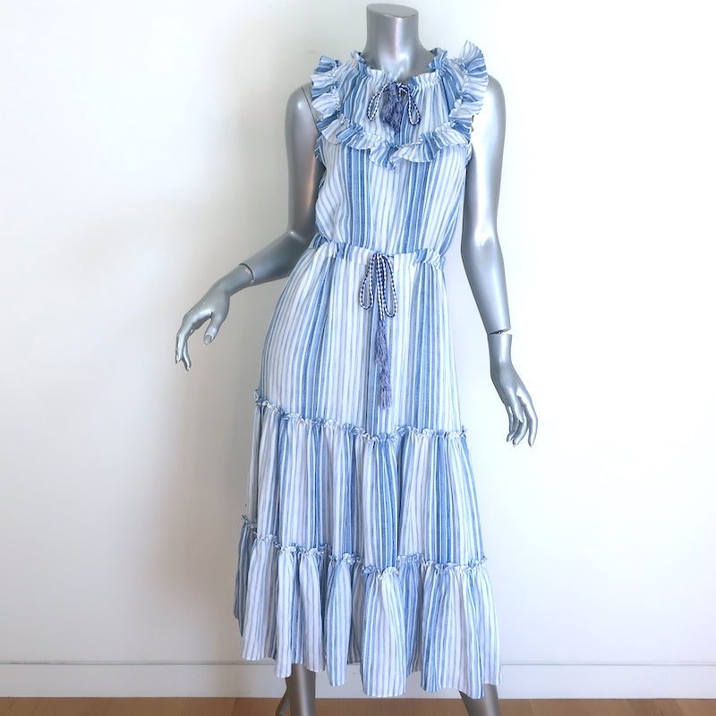 MISA Aleja Ruffled Bib Tiered Midi Dress Blue & White Stripe Size Extra Small MISA Aleja Ruffled Bib Tiered Midi Dress Blue & White Stripe Size Extra Small