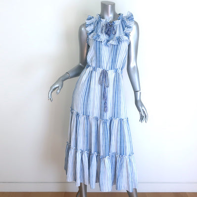 MISA Aleja Ruffled Bib Tiered Midi Dress Blue & White Stripe Size Extra Small