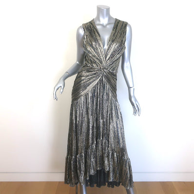 MISA Ava Metallic Striped Twist-Front Midi Dress 