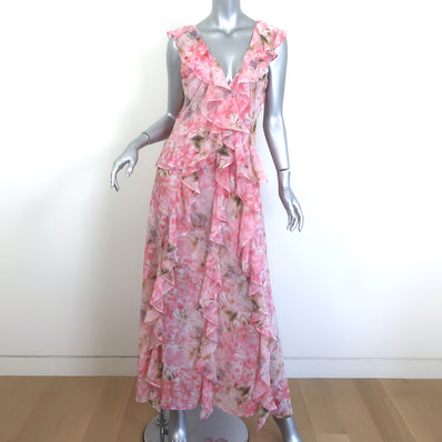MISA Claudita Ruffled Maxi Dress Light Pink Printed Chiffon Size Small