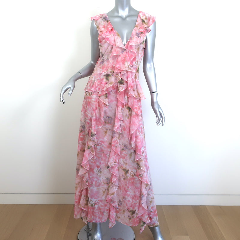 MISA Claudita Ruffled Maxi Dress Light Pink Printed Chiffon Size Small