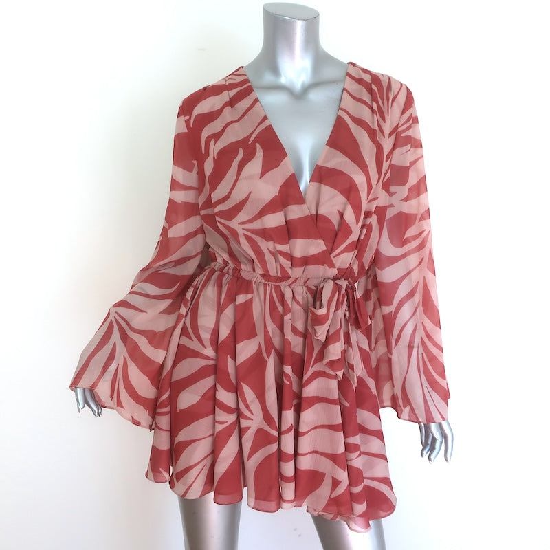 MISA Kaia Mini Wrap Dress Beige/Rust Palm Frond Print