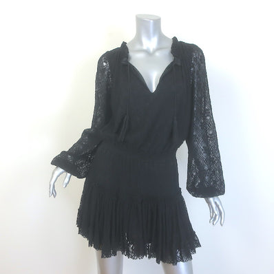 MISA Tassel-Tie Blouson Sleeve Lace Mini Dress Black