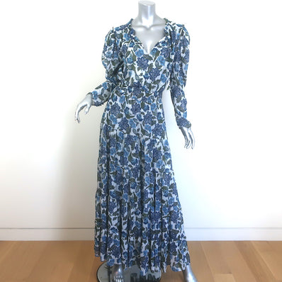 MISA Vida Tiered Maxi Dress Blue Metallic Floral Print Crepe Size Small