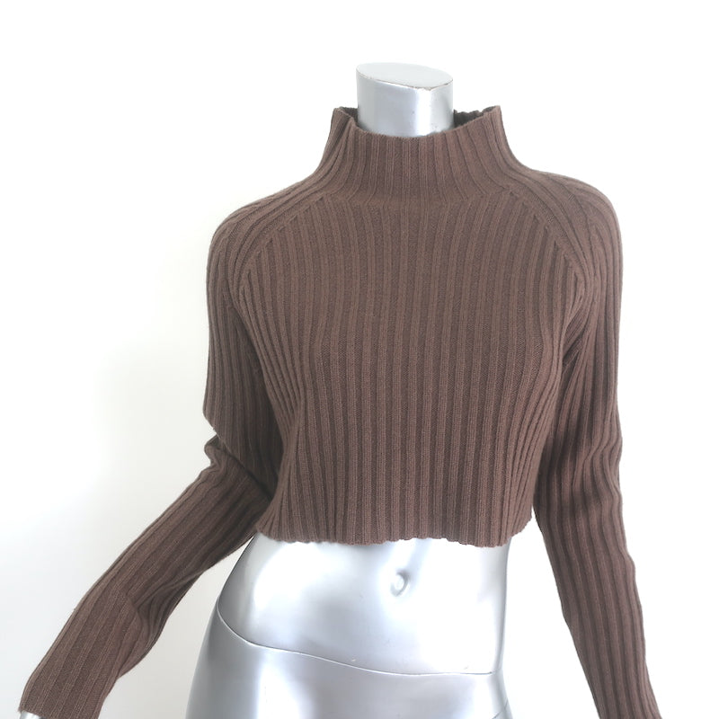 Maje Rage Cropped Mock Neck Sweater Brown Ribbed Wool Size 36 NEW