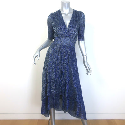 Maje Tiered Lame Midi Dress Metallic Blue Size 36