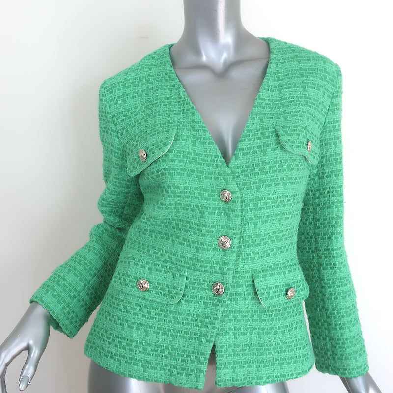 Maje Vivete Tweed Blazer Green Cotton-Blend Size 36 V-Neck Jacket NEW